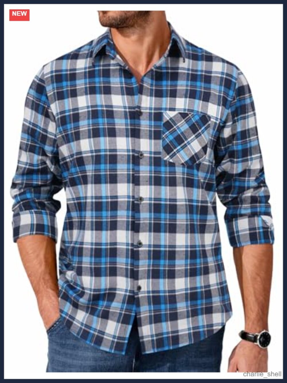 Men's Cotton Flannel Button Down Plaid Shirt Long Sleeve Lightweight